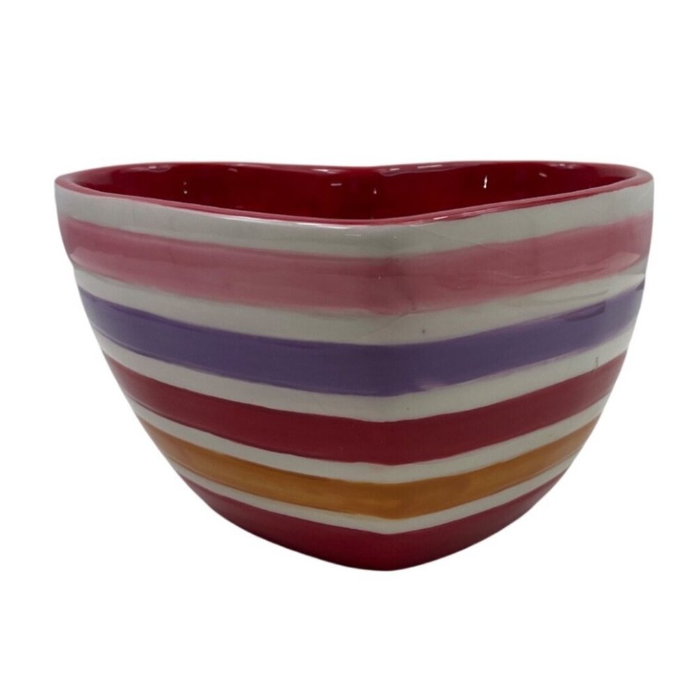 Heart-Shaped Ceramic Bowl With Multicolor Stripes Red Interior 6" Diameter - Picture 4 of 13